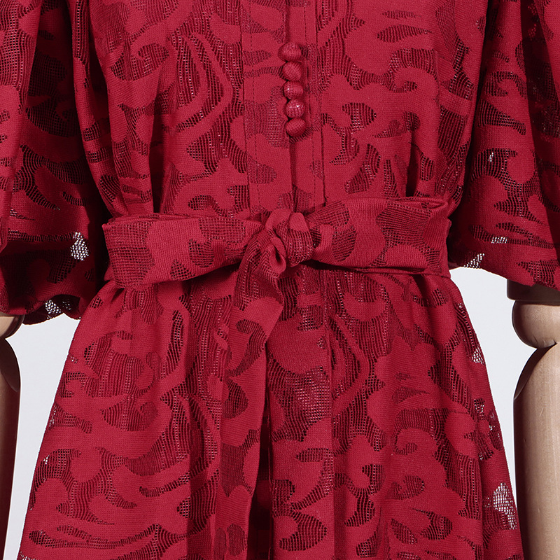 Retro Design Maxi Dress Spring Summer Single Breasted Printed Lace up Short Sleeve Long Pattern Dress Women