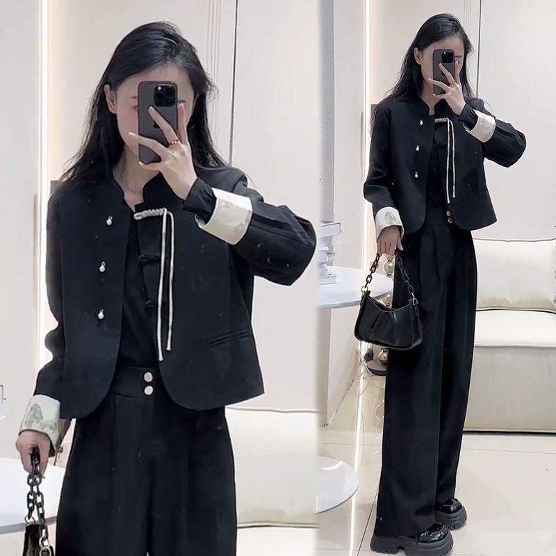 百搭长裤两件套女新款高腰套装外套新中式复古国风气质盘扣春秋|undefined
