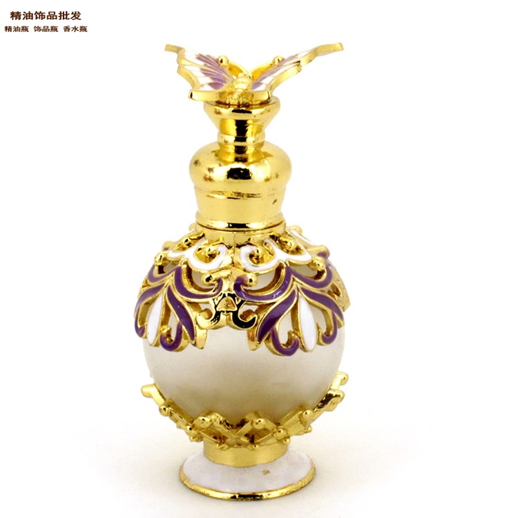 精油饰品网15ml白色底蝴蝶盖金色球形蜘蛛花纹香水瓶1.jp