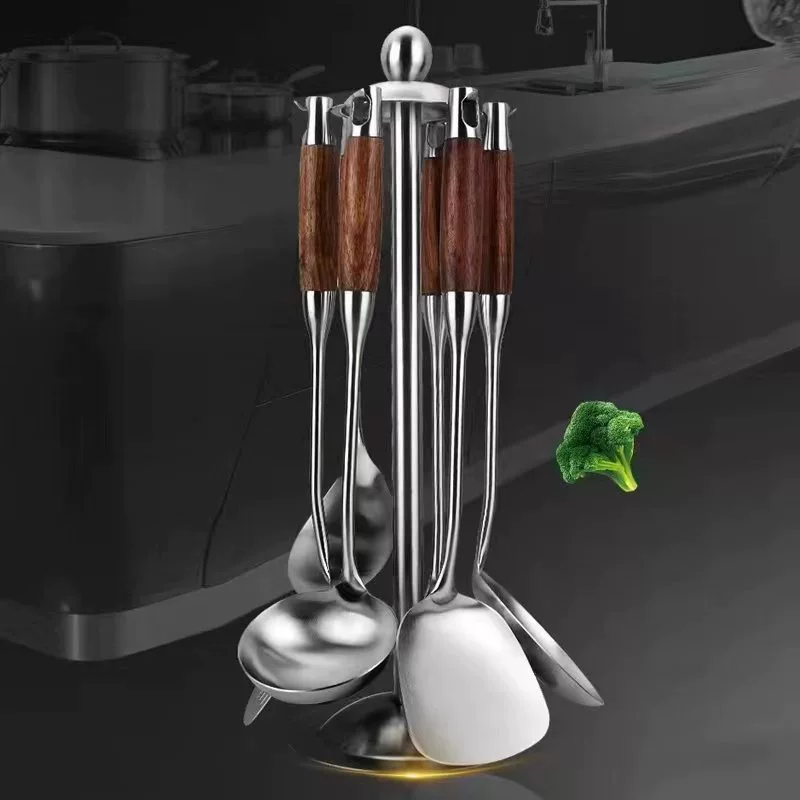 Kitchen utensil set, 304 stainless steel, rosewood handles, thickened with storage rack