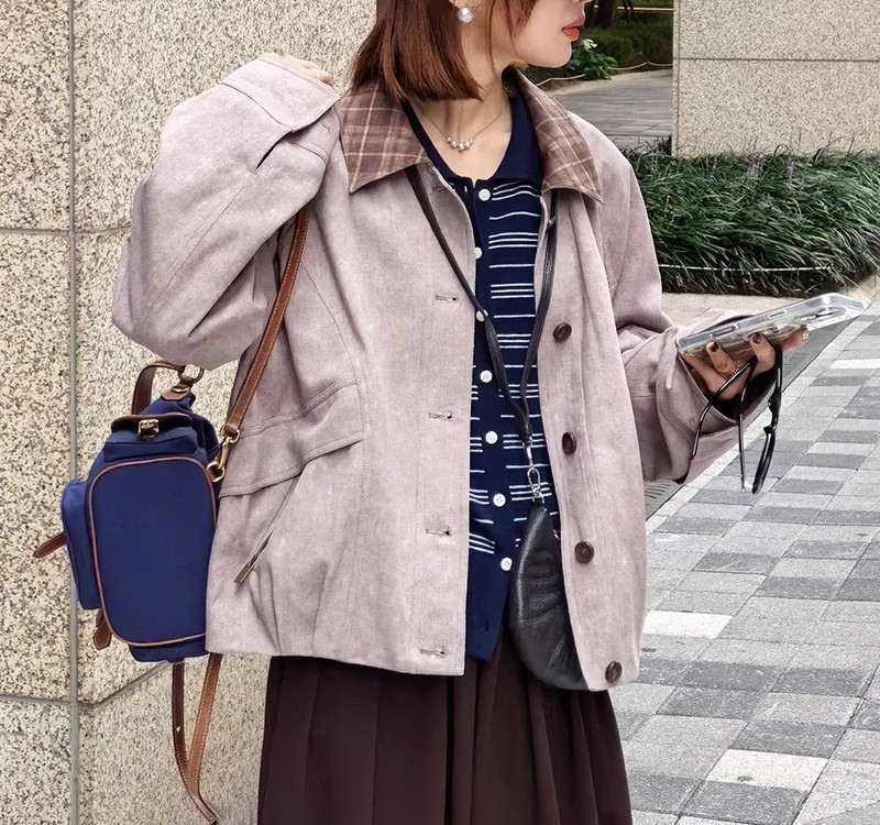 「白描工作间」"帕斯托信箱"巴恩风格纹撞色领秋季工装夹克短外套|undefined