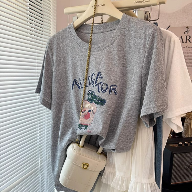 Cool Snowflake Cotton Crocodile Print Short-Sleeved T-Shirt for Women 2025 Summer Thin Straight Shoulder Versatile Top Trendy Ins