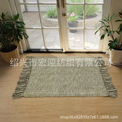 Avtomobil döşəmə paspasları — rug, bedroom bedside rug, cotton-woven - twill-green-linen-tassels-60x90cm