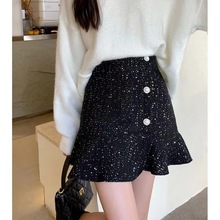 小香风亮片鱼尾裙女韩版新款高腰甜美荷叶边a字裙单排扣短裙3495