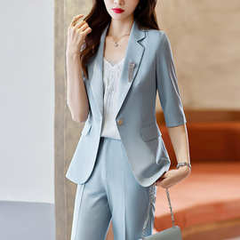 浅蓝色西装套装女2023夏季新款七分袖休闲气质小个子职业西服套装