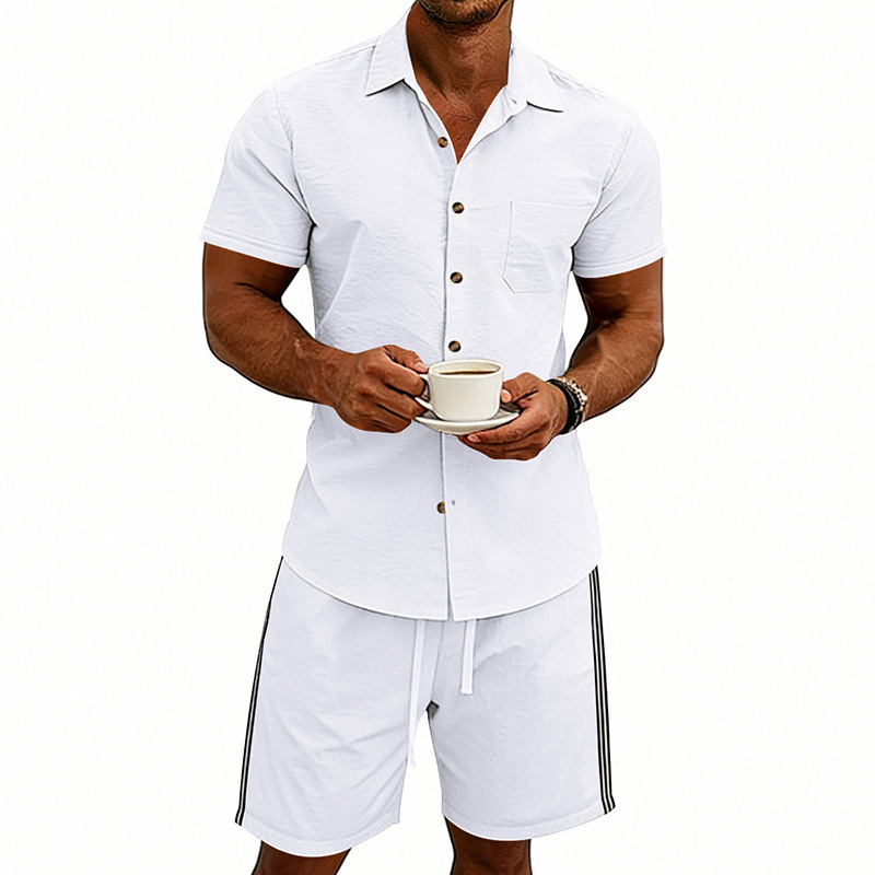 Set uomo estivo con camicia a maniche corte e pantaloncini a righe_voghion.com
