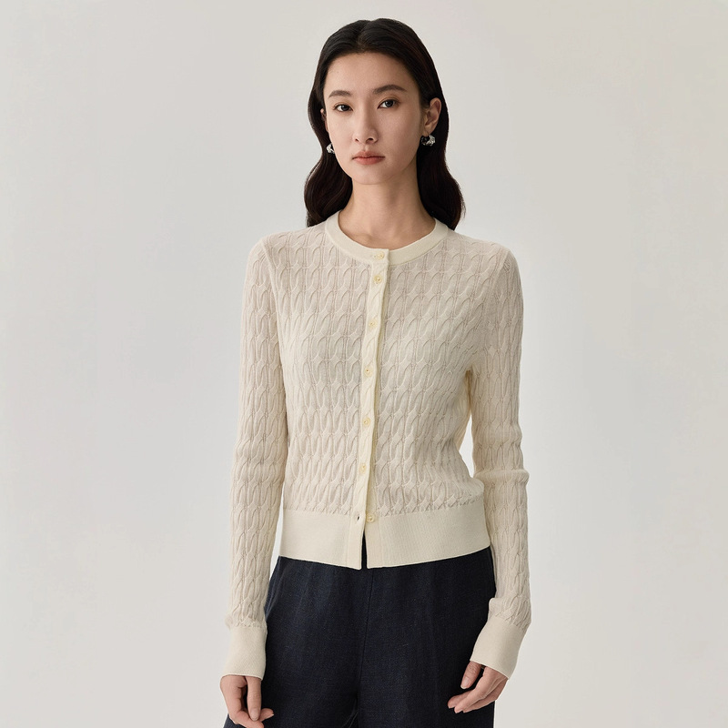 Customized Autum New Sheep Wool Knitted Cardigan Women's Mulberry Silk Slim Long-Sleeved Knitwear Round Neck Jacket Top