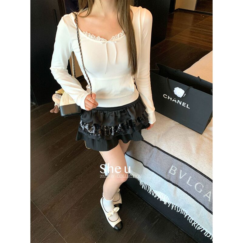 She U Thirteen Lines Pure Desire Sweet and Spicy Style Lace Patchwork Hooded T-Shirt 2025 Autumn New Slim Pocket Sweatshirt