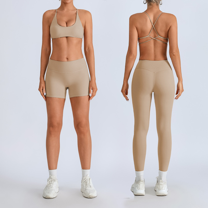 Traje de yoga europeo y americano transfronterizo, espalda hermosa con almohadilla para el pecho, sujetador con tirantes cruzados, pantalones deportivos de secado rápido de melocotón de cintura alta