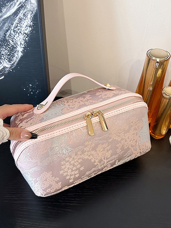 中国風化粧ポーチ 大容量化粧品収納バッグ 旅行用ポータブル洗面用具バッグ 刺繍入り旅行用収納|undefined