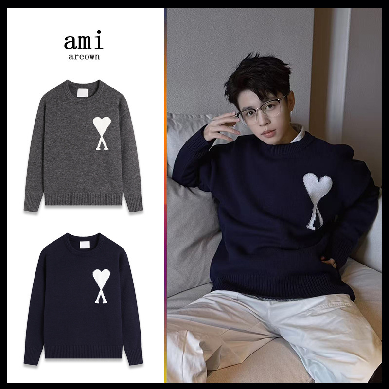 Ami Black Heart-Shaped Knit Sweater Round Neck 25Ss Autumn and Winter New Jacquard Loose Lazy Style Cross-Border Pullover Sweater
