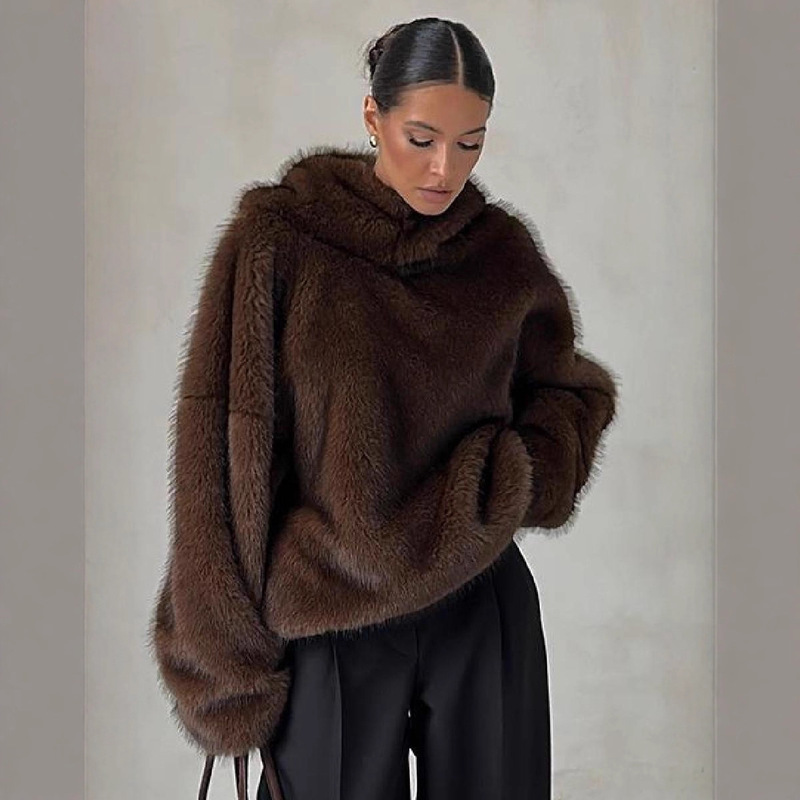 2025 Cross-Border Hot-Selling Autumn and Winter New Product Soft and Fluffy Imitation Mink Fur Hooded Knit Sweater Lazy Sweater Jacket for Women