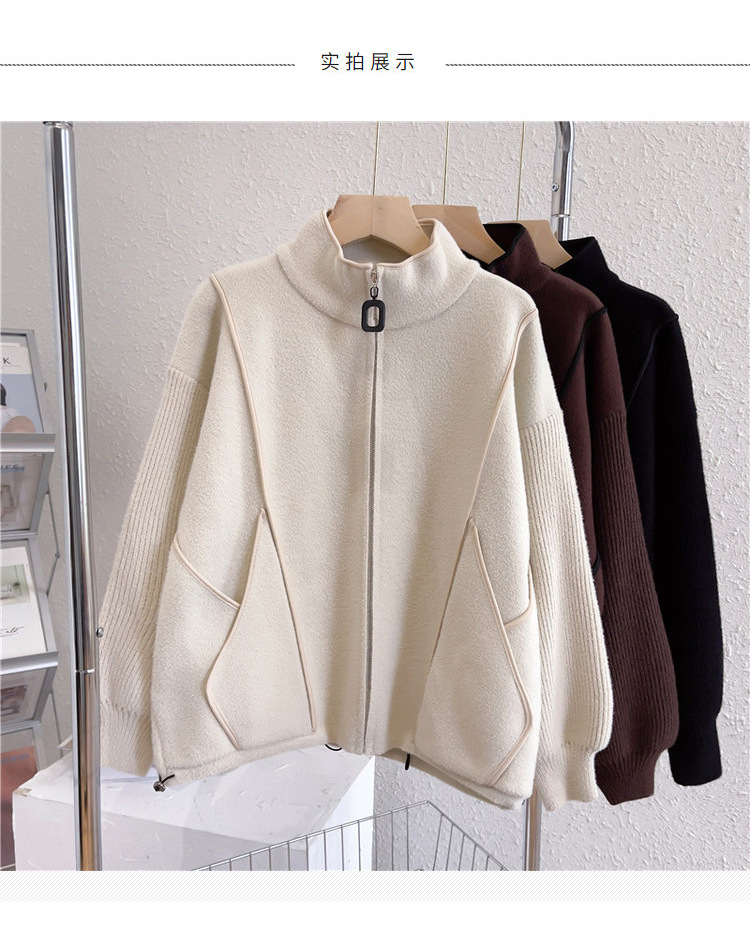 Faux double-sided woolen knitted jacket for women, 2023 autumn new style zipper baseball jacket, short, loose, thick and large cardigan pic 20