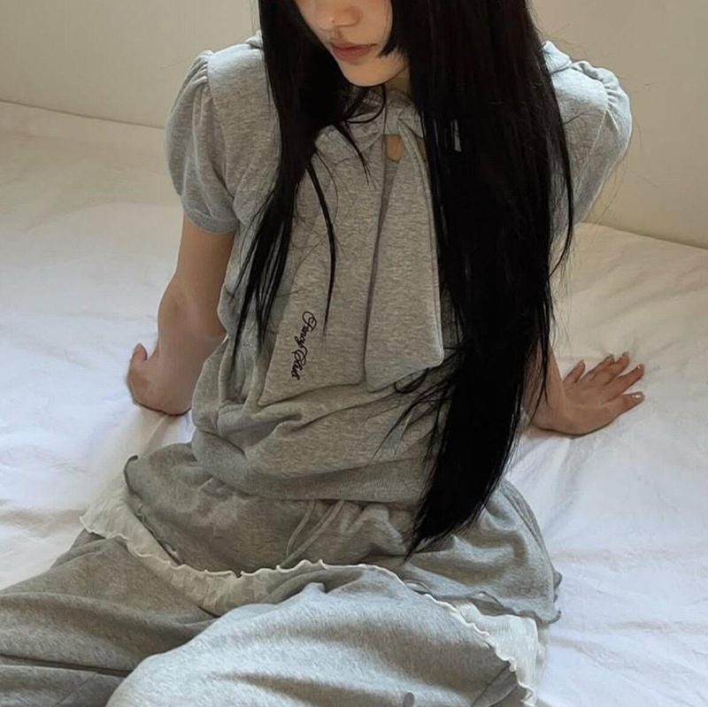 现货25夏韩国设计师潮牌FANCY减龄可爱蝴蝶结连帽短袖上衣女|undefined
