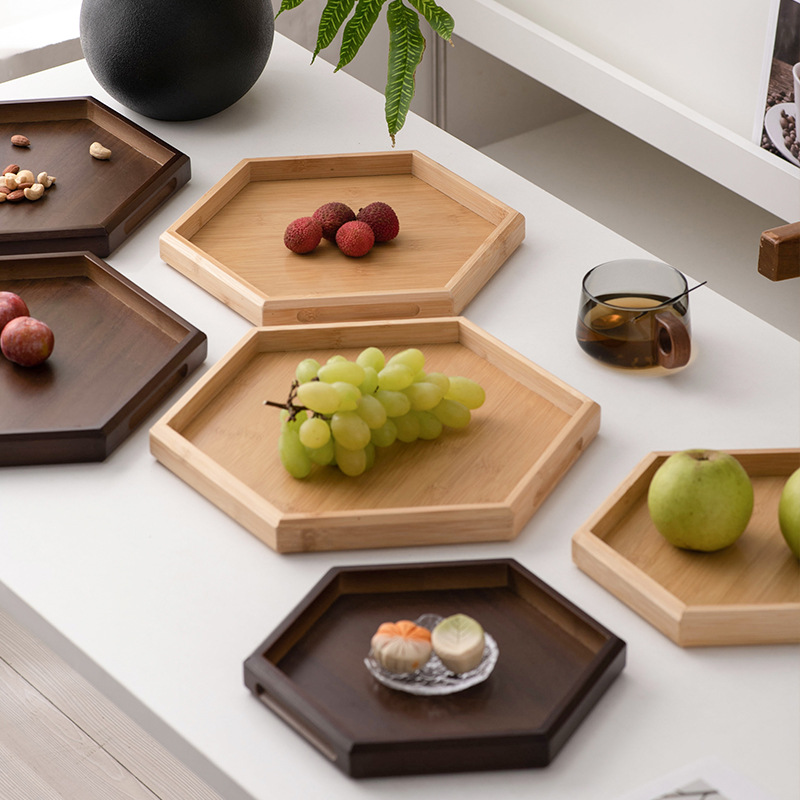Simple Hexagonal Bamboo Fruit Plate for Home Use, Coffee Table Cup Holder, Fruit Snack Tray, Multifunctional Storage Tray
