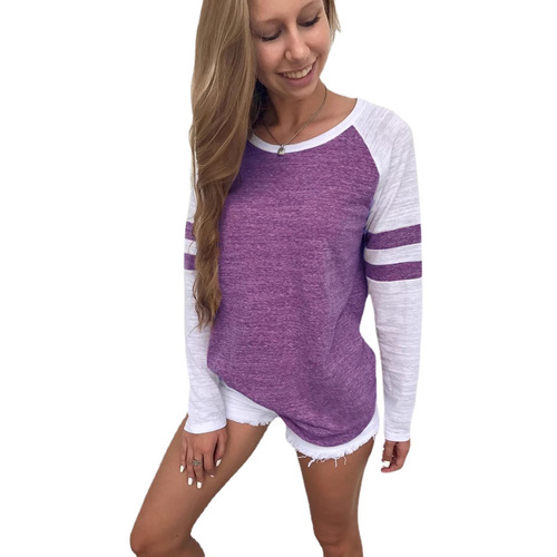 2026 Fashion New Summer Color-blocked Striped Splicing Long-sleeve T-shirt Round Neck Color-blocked Top for Women