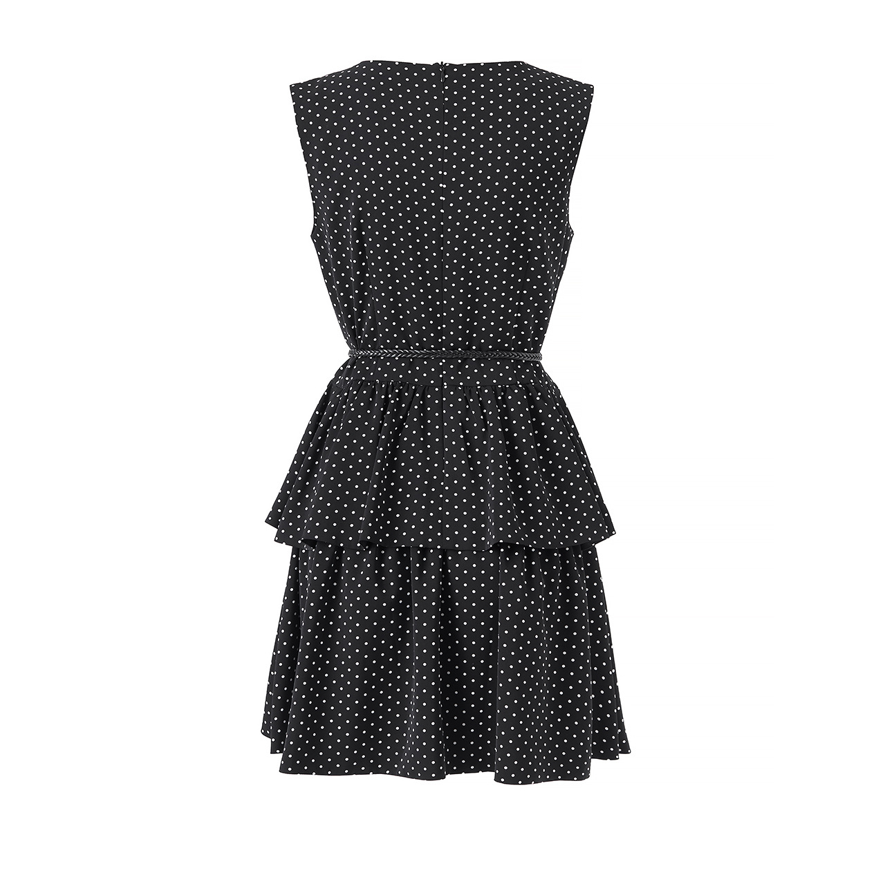 Váy ngắn satin chấm bi tay lỡ cổ vest thắt eo phong cách độc đáo — Điểm sóng Đen chi tiết 17