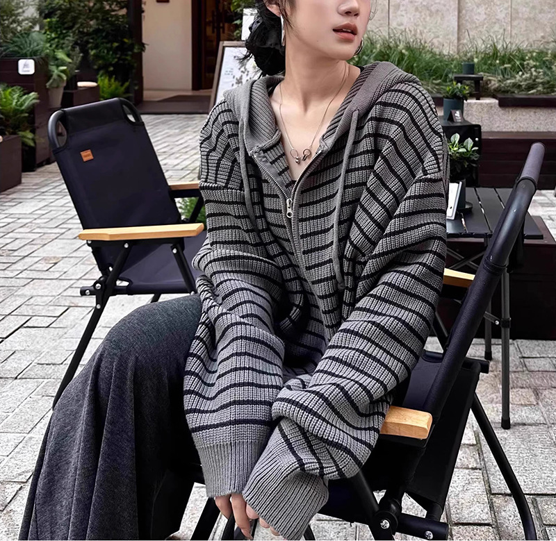 慵懒风杏色抽绳连帽条纹针织开衫女秋冬2025韩版宽松百搭上衣外套|undefined