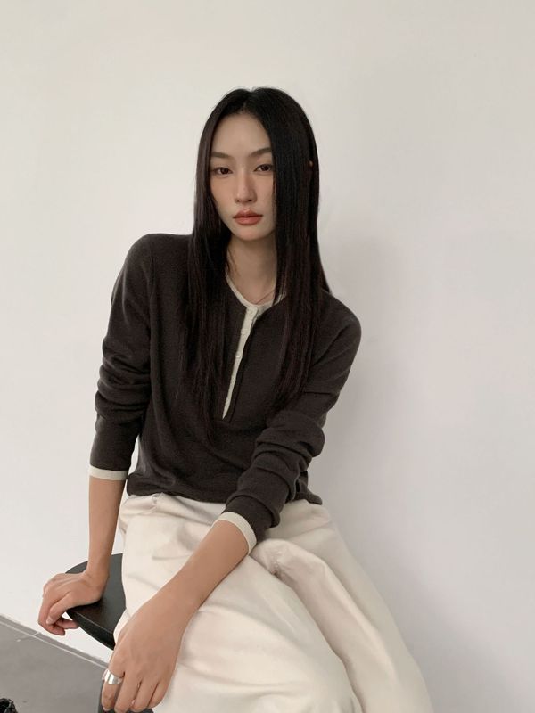 6UP韩系假两件撞色圆领毛衣女2025早秋广州13行新款极简百搭50322|undefined