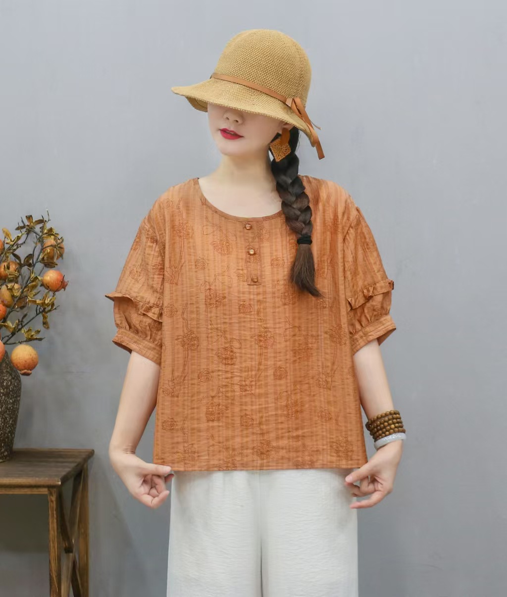 Transfronterizo 2025 primavera y verano nuevo estilo chino de ropa de mujer camiseta estampada mangas de linterna camiseta de mujer collar redondo literatura y arte image 11