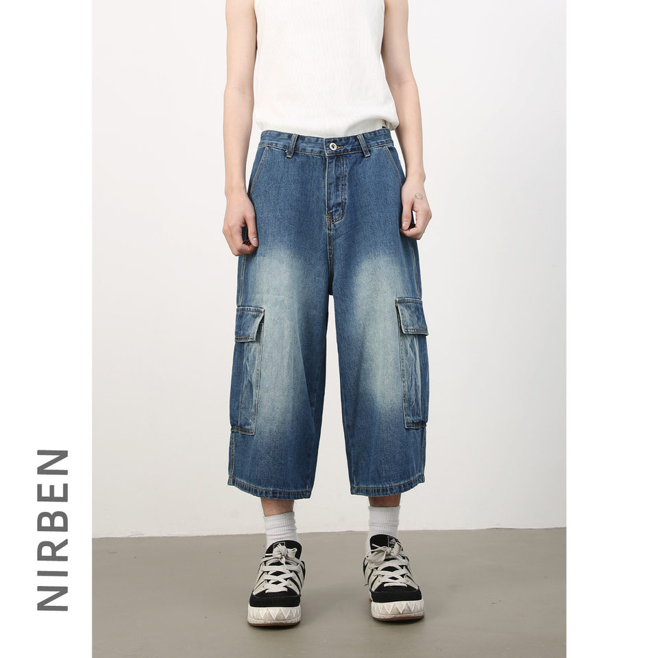 Quần short jean nam ống rộng nhiều túi phong cách hip-hop đường phố, quần lửng mùa hè — Màu xanh lam, Xanh lam làm cũ, Xanh lam nhạt