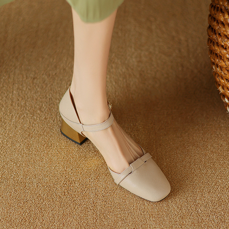 Sandal nữ bít mũi da bò thật quai chữ V đế thấp — Màu caramel chi tiết 8
