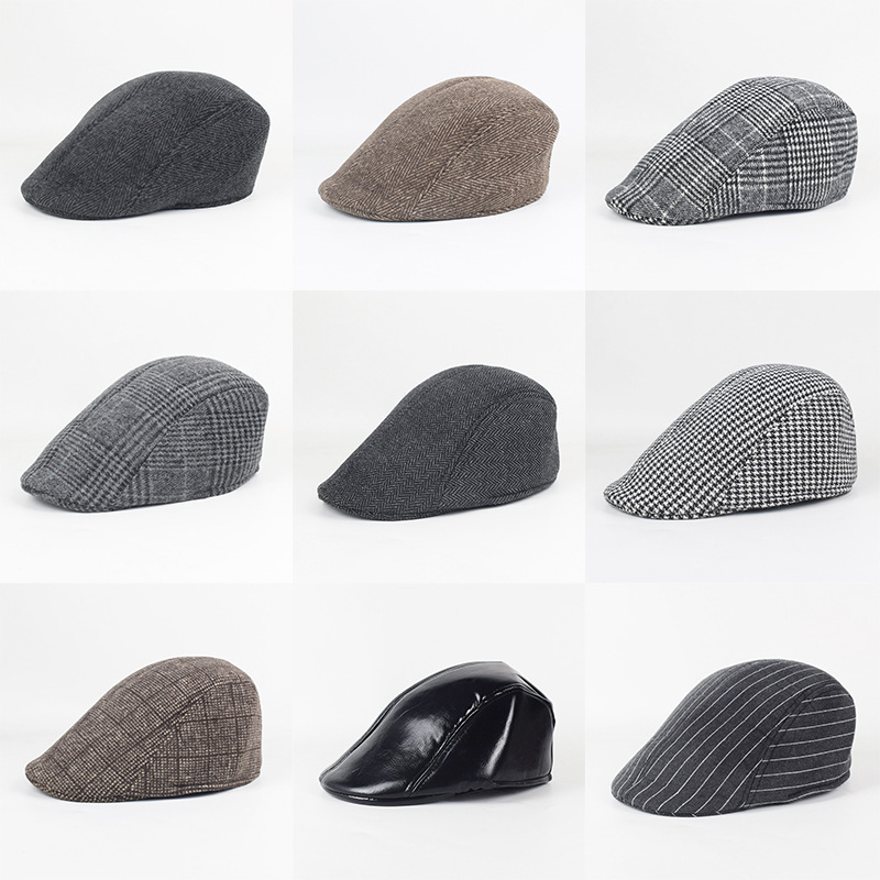 Primavera y otoño gorras de lengua de pato para hombres y mujeres de lana caliente boina de rayas simple gorras de avance gorras casuales coreanas gorras de mediana edad