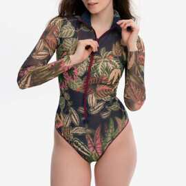 跨境упальник新款印花长袖泳装欧美性感拉链连体冲浪服女