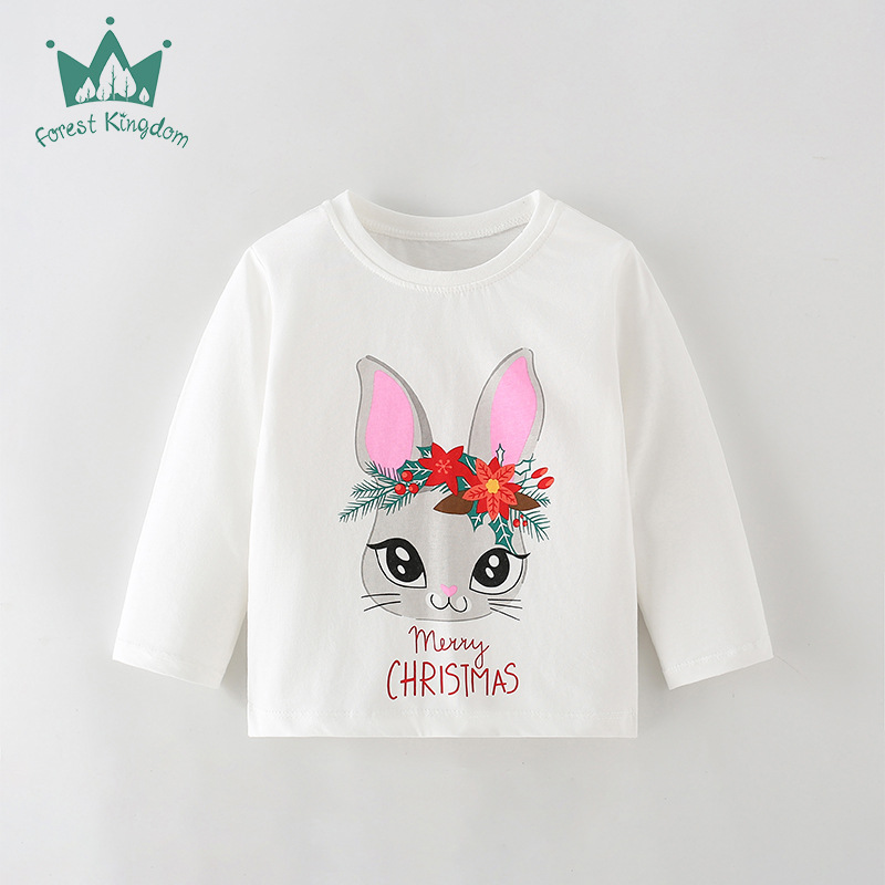 Camiseta de manga larga para niñas camisa de fondo blanca para niños Camisa de algodón para niños conejo de dibujos animados europeo y americano para niñas