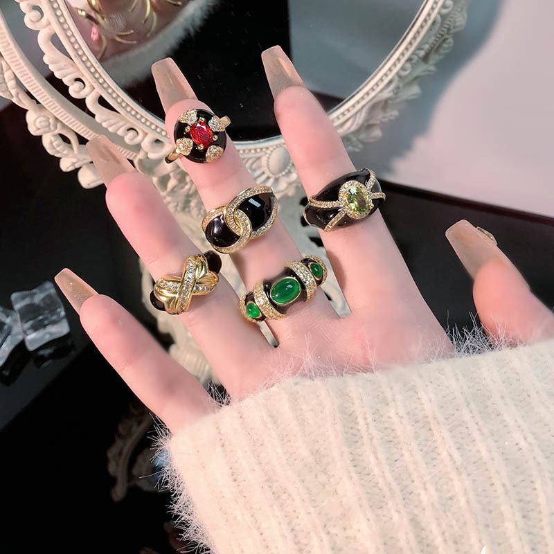 法式復古琺瑯彩芬達鑽高級感開口戒指瑪瑙橄欖石冷淡風氣質指環