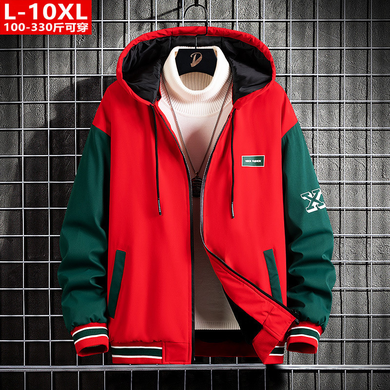 Autumn and Winter trendy men's handsome fashion color matching printed hooded jacket large size loose casual fleece-lined thickened coat