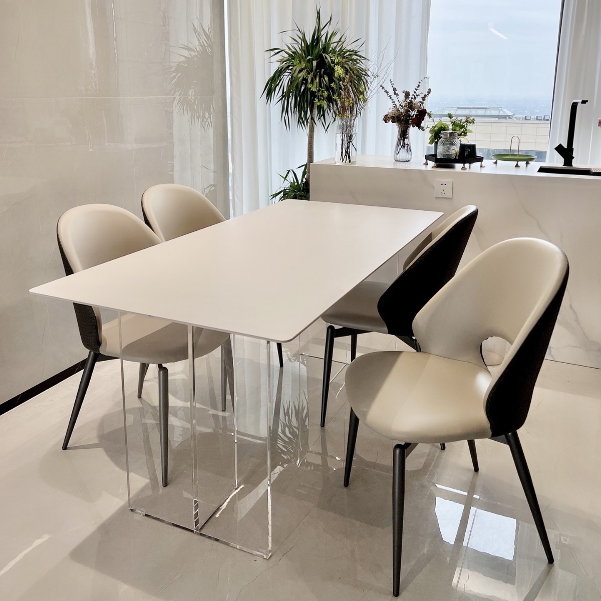 French Cream Style Acrylic Delifeng Slate Dining Table Home High-End Small Apartment Dining Table and Chairs Set
