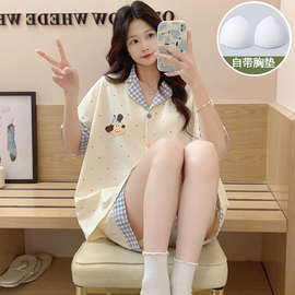 带胸垫纯棉睡衣女简约夏季薄波点小狗短袖短裤家居服套装