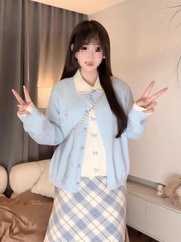 韩系爆款蝴蝶结扣蓝色假两件开衫毛衣女秋冬高级感撞色针织衫外套|undefined