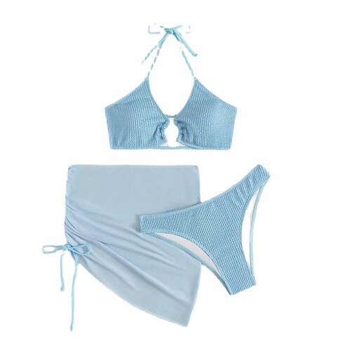  New Cross-border European and American Style Spring and Summer New Women's Swimwear Body Shaping Solid Color Sexy Fashion Halter Three-piece Set 