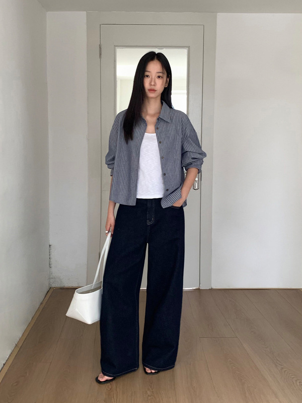 TG 通勤竖条纹百搭翻领衬衣女2025秋季新款宽松长袖系扣开衫25691|undefined