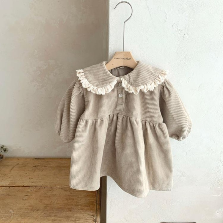 Falda de camisa de pana de algodón para bebés de estilo coreano para niñas ins underskirt de solapa de encaje casual para niños
