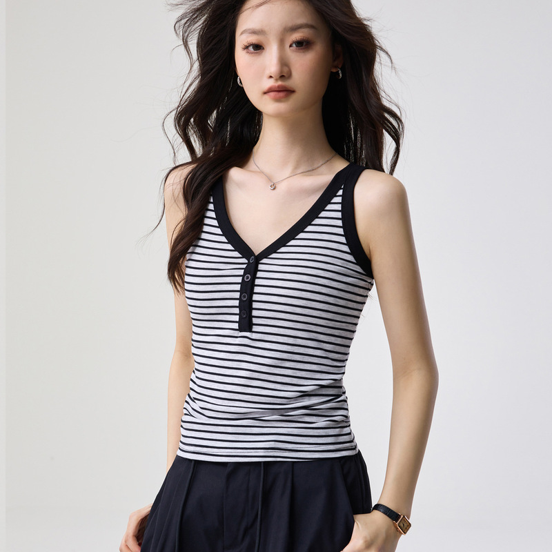 Tencel Lyocell Cotton Striped V-Neck Camisole for Women, Summer New Style with Buttons, Color-Blocking Sleeveless Versatile Outerwear Top