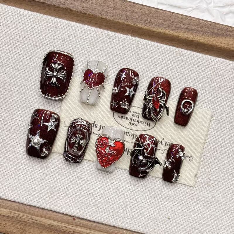 Gothic Dark Red Heavy Metal European and American Style Handmade High-End Wholesale Pure Handmade Wearable Manicure