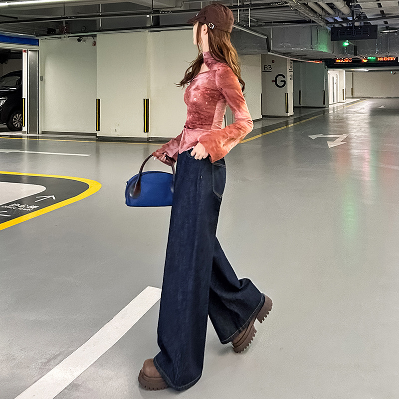다크 블루 빈티지 기모 청바지 여성의 가을과 겨울 새로운 높은 허리 슬리밍 넓은 다리 바지 살포 덮음 벨리 올 매치 걸레 바지