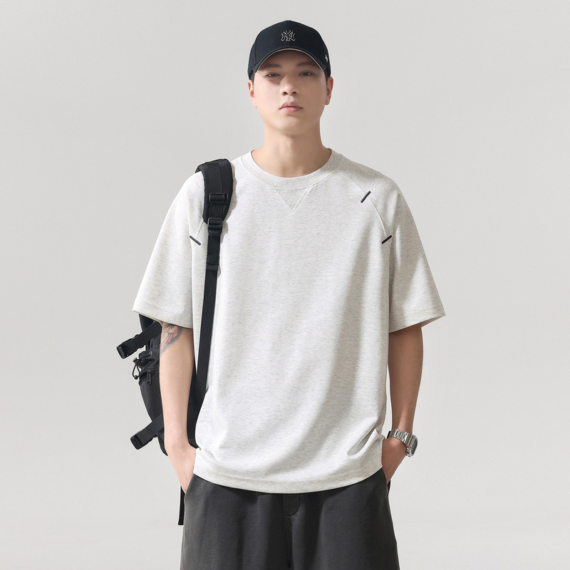 American-Style Design Deconstructed Exposed Stitching Short-Sleeve T-Shirt for Men, New Summer Model, Modal Fabric, Cooling and Antibacterial, Round Neck, Five-Quarter Sleeves American-Style Design Deconstructed Exposed Stitching Short-Sleeve T-Shirt for Men, New Summer Model, Modal Fabric, Cooling and Antibacterial, Round Neck, Five-Quarter Sleeves