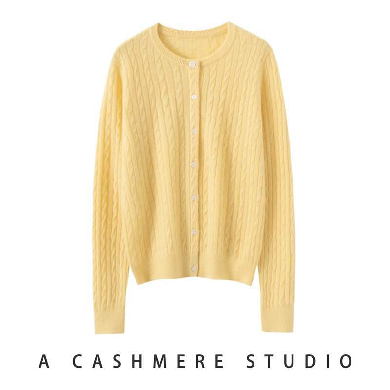 25 Years of Autumn and Winter New Styles 100% Cashmere Round Neck Knitted Cardigan Long-Sleeved Women's Twist Pattern Pure Color Soft and Waxy Top Jacket
