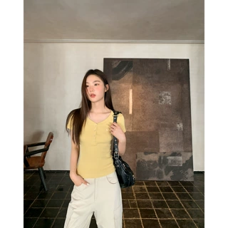 你好卡农 美式复古风撞色刺绣短袖女t恤夏新款设计感修身显瘦上衣