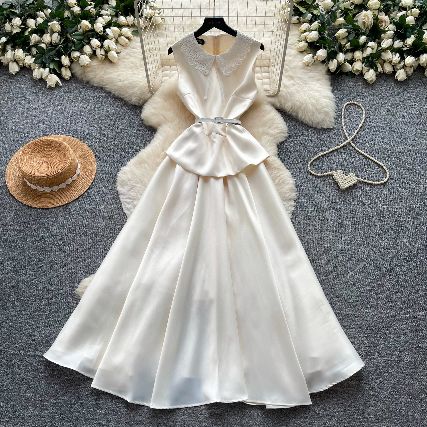Elegant High-Waisted A-Line Dress Red Lace Peter Pan Collar Summer Commute Suitable Women's Clothing_ecoleips.com