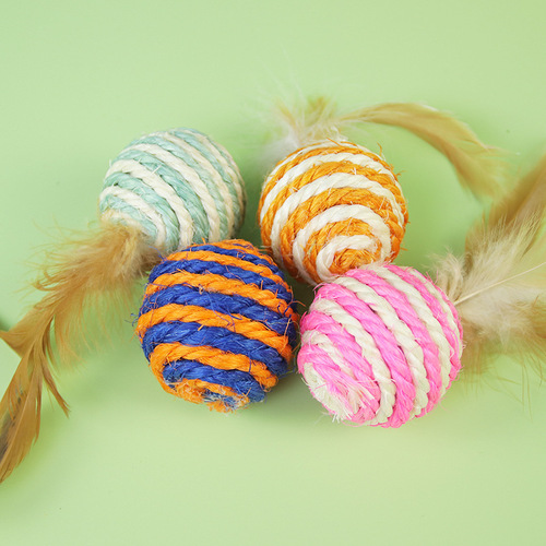 Cat toy manufacturer wholesale feathered sisal ball pet toys, scratch-resistant and bite-proof, self-entertaining and boredom-relieving cat toys
