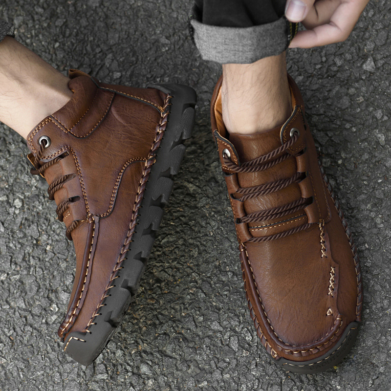 Cross-border plus size men's high-top shoes winter fleece-lined warm men's leather boots casual Martin boots handmade stitching men's shoes_voghion.com