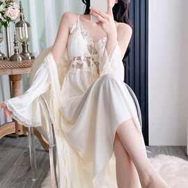 春秋性感睡衣女冰丝吊带睡裙睡袍两件套中长款高级感带胸垫家居服