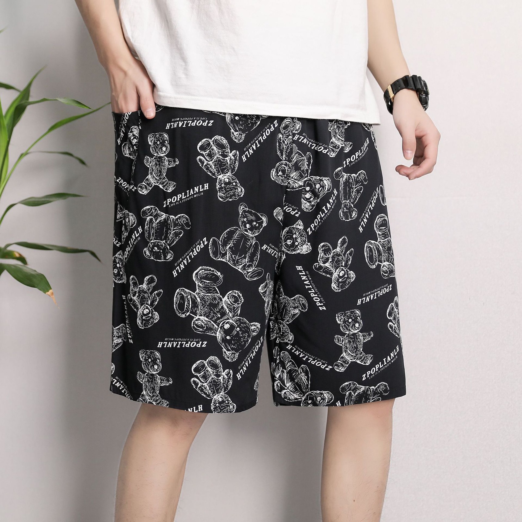 Pantalones cortos de algodón artificial para hombres de verano, pantalones, pantalones de playa, pijamas de seda, pantalones para el hogar, más gordos y pantalones casuales