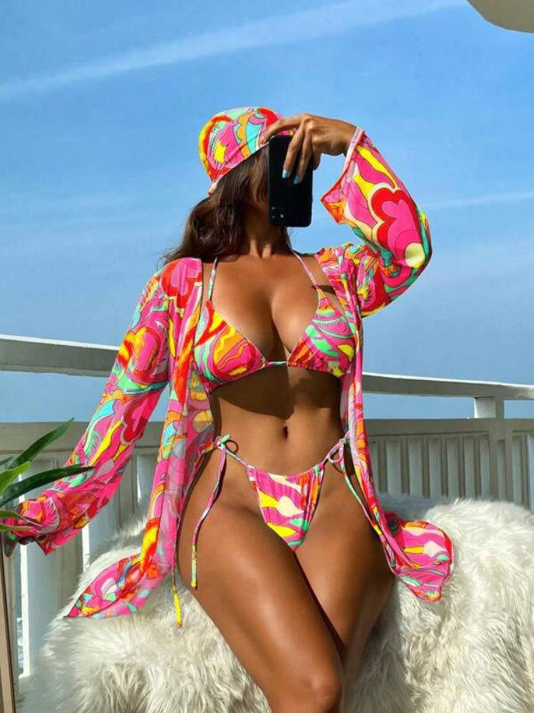 2023 Summer Nei Sexy Bikini Strand Badekleeder Gedréckte Schal Mesh Dräi-Stéck Badekleeder fir Fraen_voghion.com