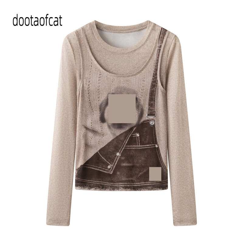 2026 Autumn New Designer Style Atmospheric Faux Two-Piece Overalls Pet Print T-Shirt RK70801210 2026 Autumn New Designer Style Atmospheric Faux Two-Piece Overalls Pet Print T-Shirt RK70801210